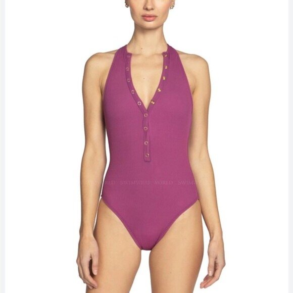 Robin Piccone Amy One-Piece Swimsuit Purple V High  Women’s Size 4 - Picture 2 of 12